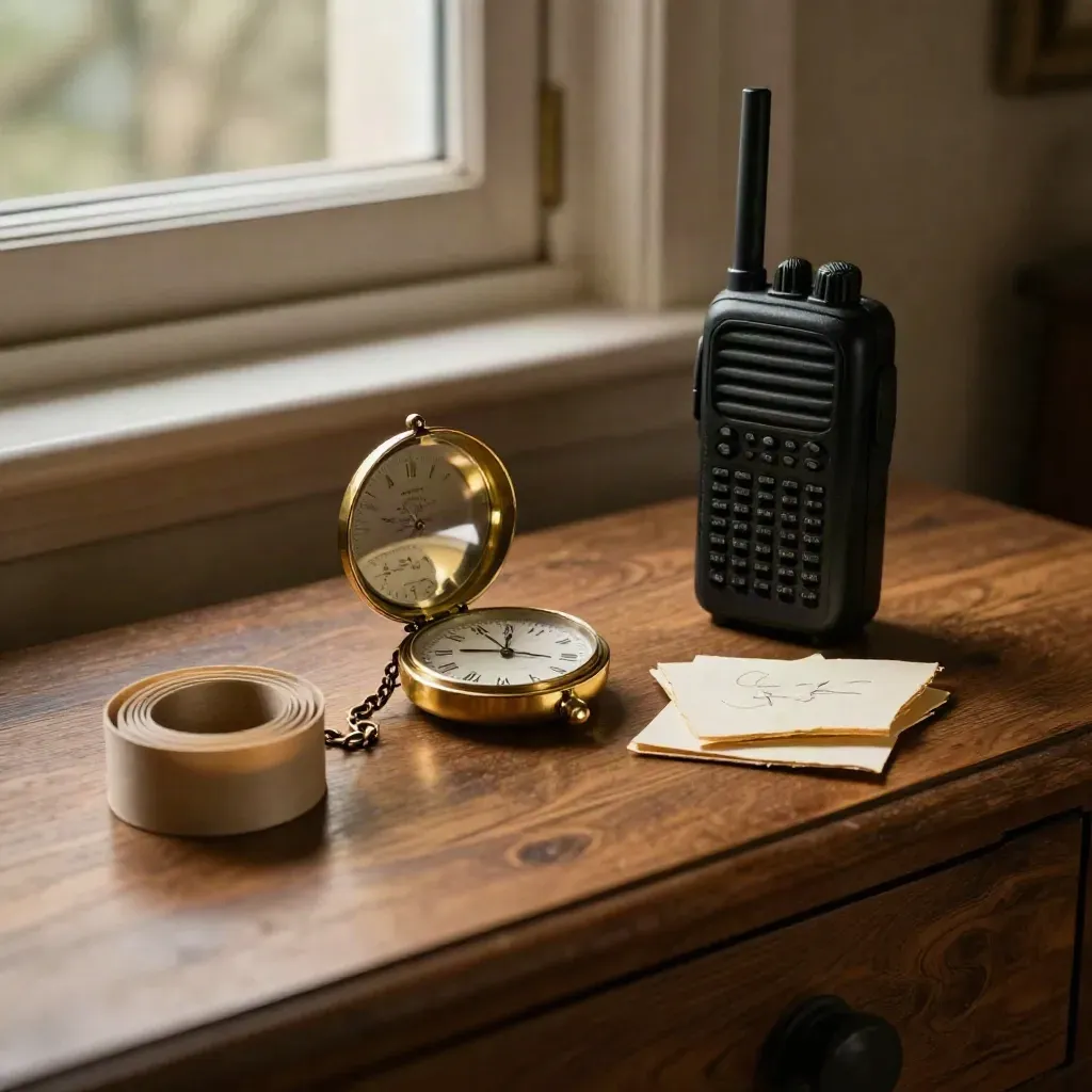 Reloj de latón, radio y cinta marfil sobre consola, con luz cálida de tarde.