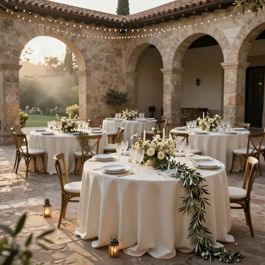 Finca madrileña montada para boda, con mesas redondas, flores salvia y luces entre arcos de piedra.
