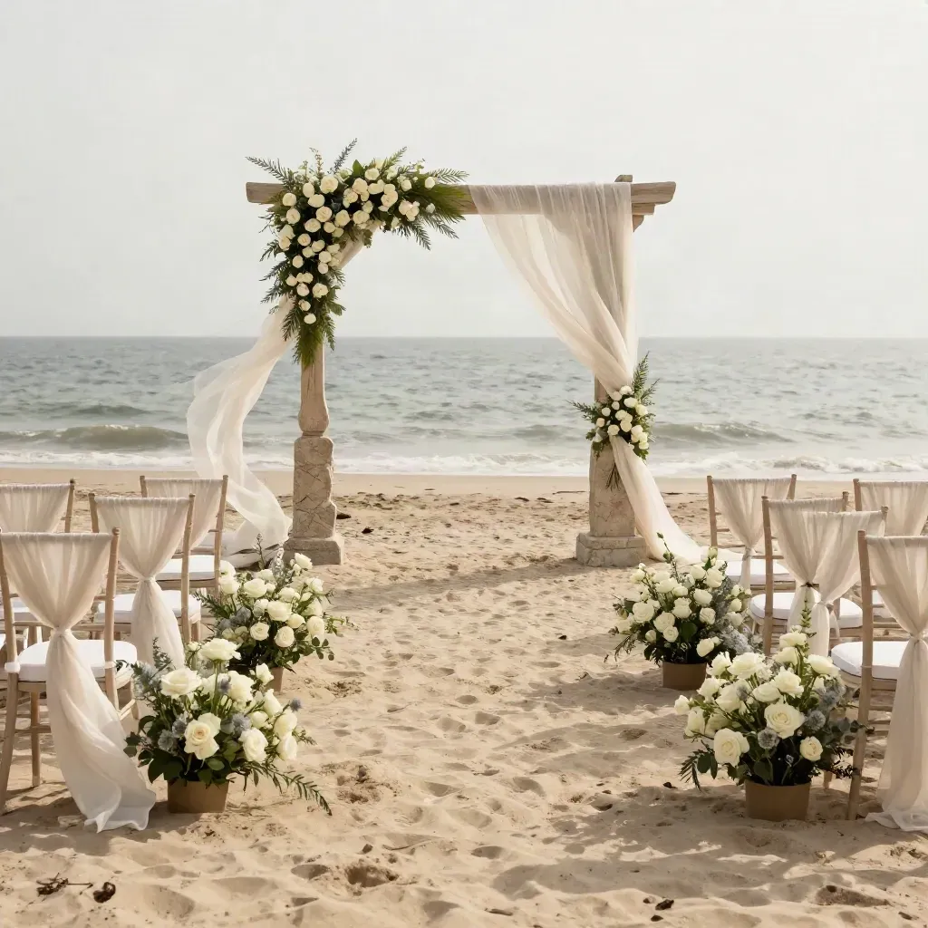 Pasillo de boda junto al mar con flores y arco movidos por la brisa.
