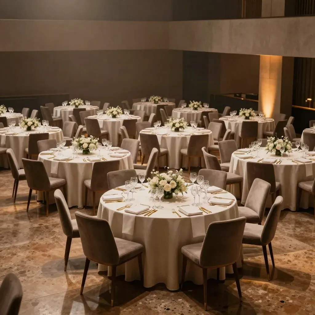 Salón de boda elegante con mesas redondas, flores y cristalería, listo para el banquete.