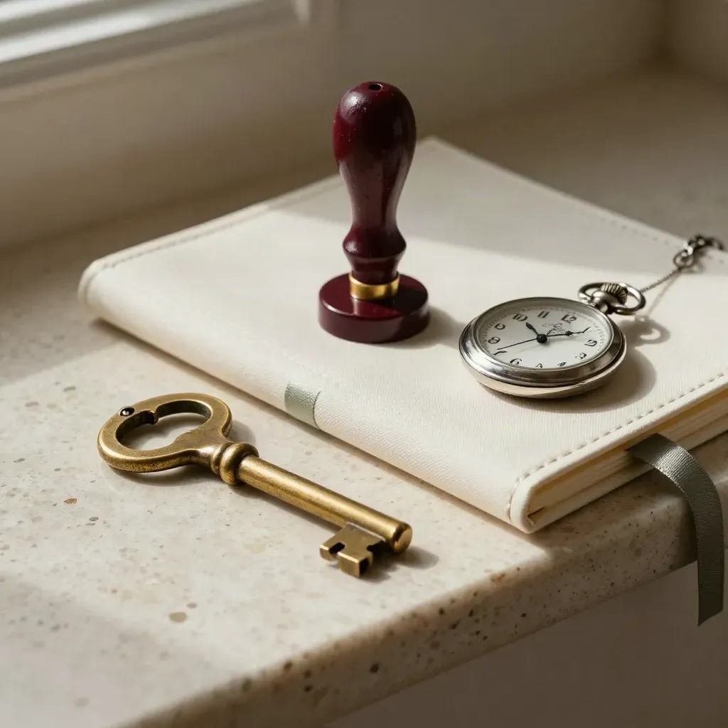 Llave maestra, sello de lacre, carpeta de lino y reloj de bolsillo sobre travertino.