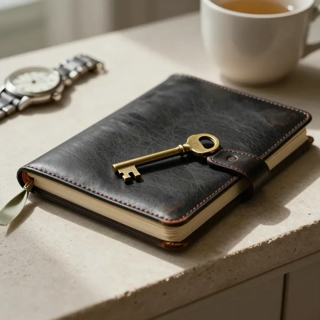 Cuaderno de piel, llave de latón, reloj pequeño y taza sobre una consola de hotel.