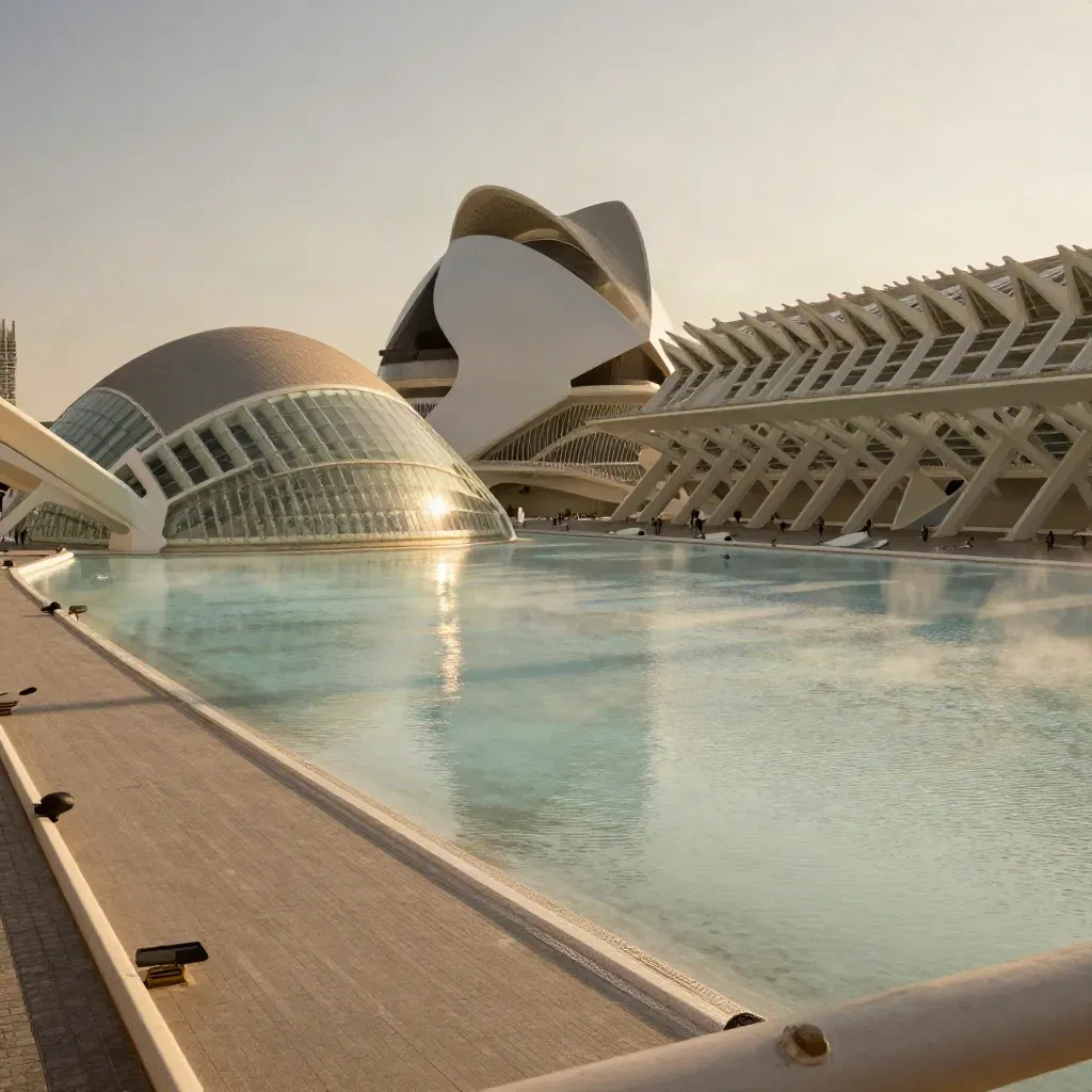 La Ciudad de las Artes y las Ciencias al atardecer sobre el antiguo cauce, con luz dorada y bruma