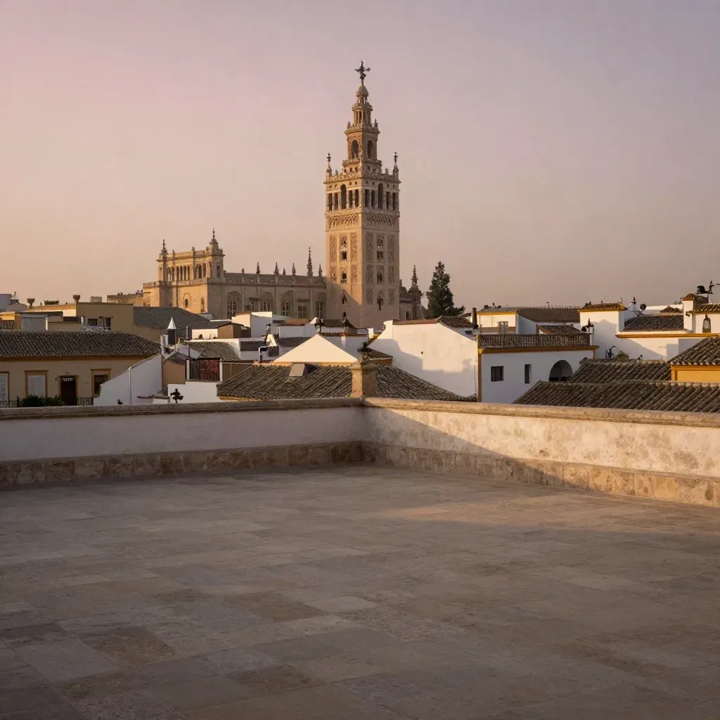 La Giralda de Sevilla sobre tejados de piedra bajo bruma cálida al atardecer.